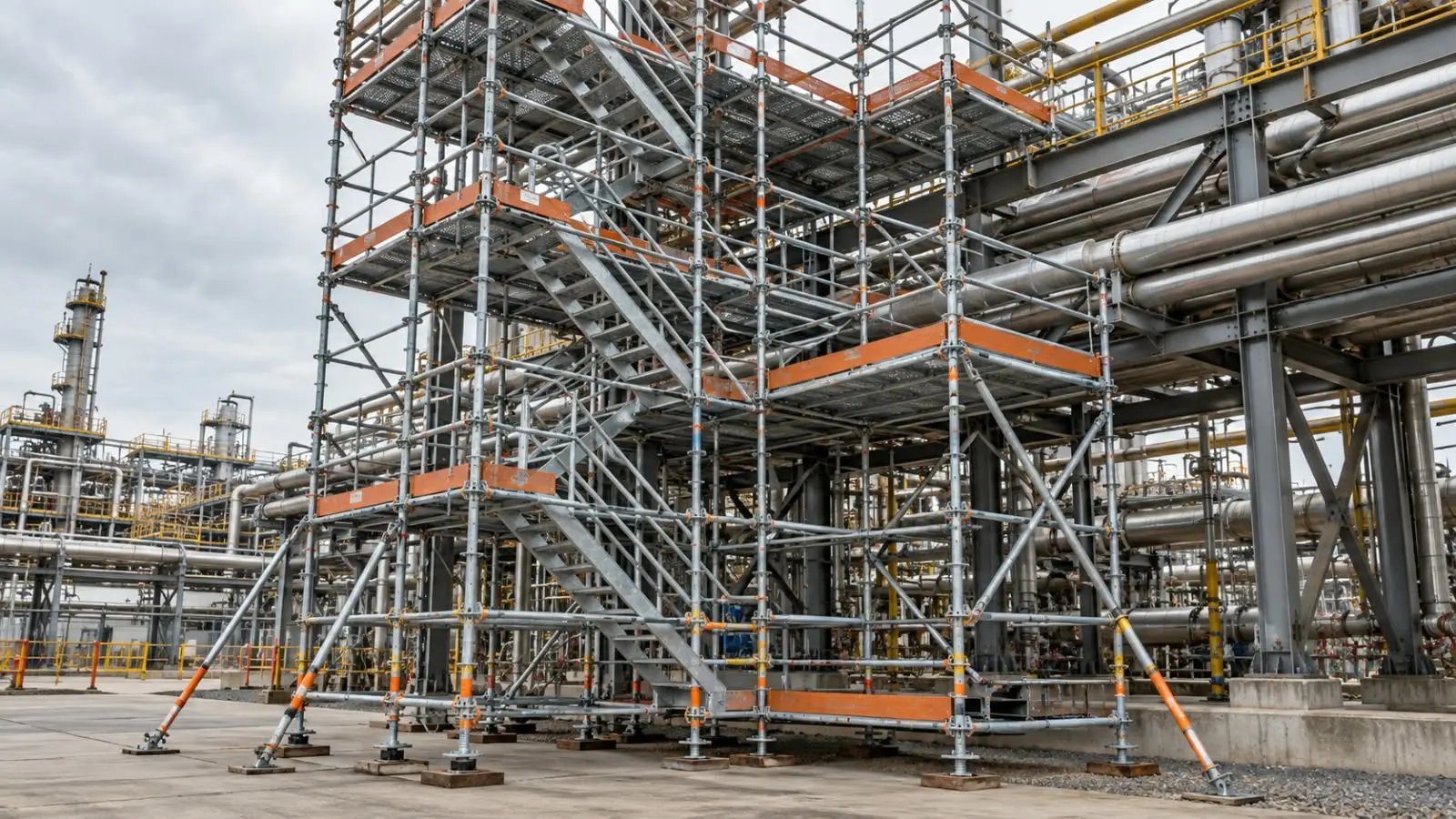 Andaime multidirecional com escadas e plataformas em instalação industrial