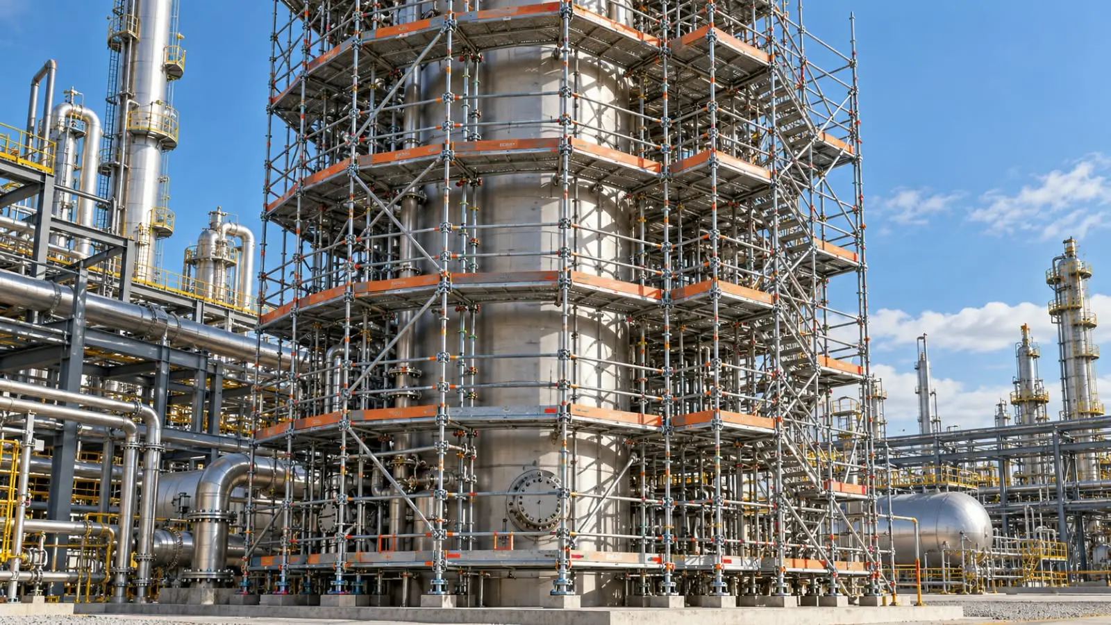 Andaime perimetral em vários níveis ao redor de equipamento vertical industrial