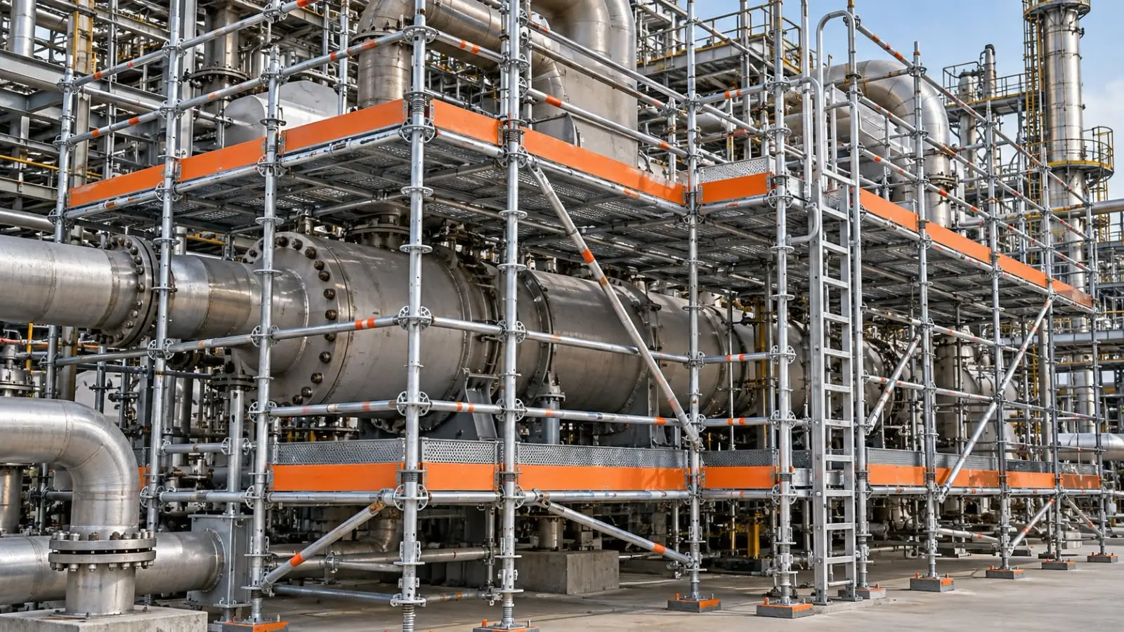 Andaime industrial instalado ao redor de tubulações e equipamento de processo