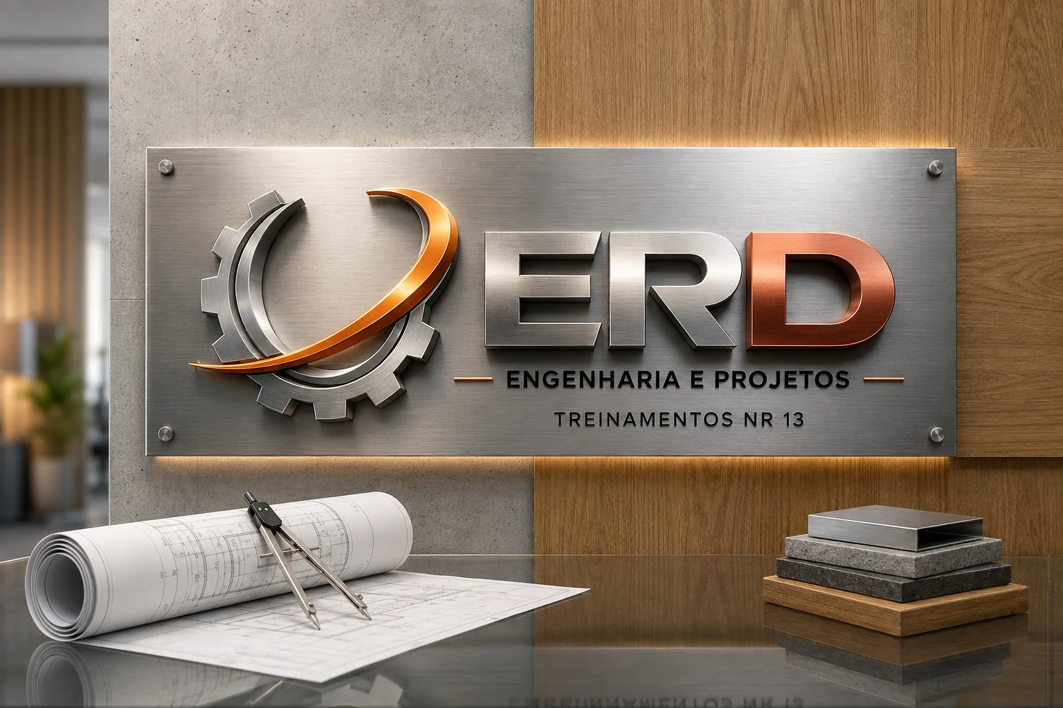 Logo ERD em aço escovado e cobre junto a desenhos técnicos — composição de identidade visual